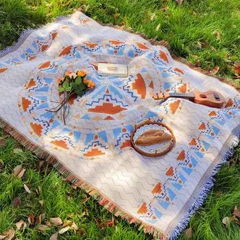 Bohemian Geometry Picnic Mat with tasselsThickened Ins Style Outdoor Mat Camping Picnic Cloth Bohemian Carpet 90x150cm