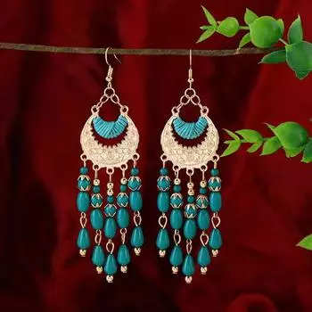 Bohemian green fringed earrings women s retro long temperament earrings Yunnan vacation niche earrings