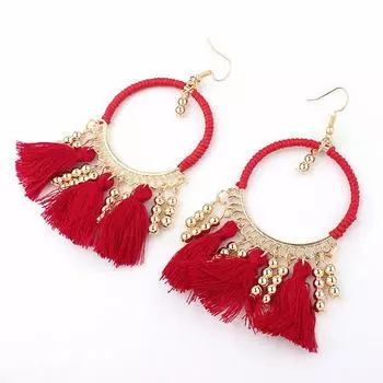 Bohemian hand-wound woven wool fringed earrings retro fashion large round earrings femininity earrings красный