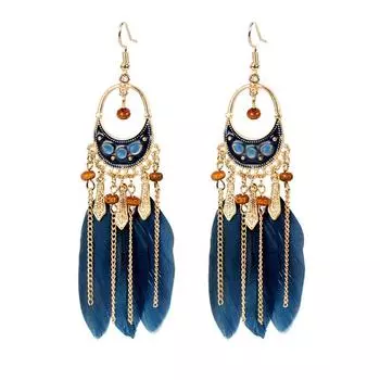 Bohemian Long Feather Earrings Personality Chain Retro Travel Vacation Earrings Jewelry темно-синий