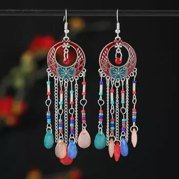 Bohemian long fringed earrings retro medium enamel color beaded niche design earrings women