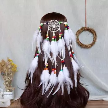 Bohemian long fringed feather headband women s retro dream catcher headgear travel vacation hairline
