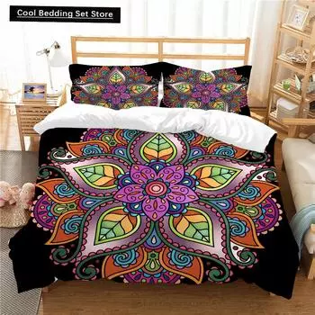 Bohemian Lotus King Queen Duvet Cover Boho Mandala Bedding Set for Kids Teens Adults Exotic Flowers 2/3pcs Polyester Quilt Cover EU single(135x200cm)