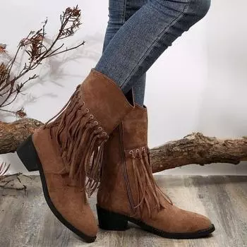 Bohemian Mid-calf Boots Women New 2024 Winter Ethnic Rivet Tassel Boots Woman Faux Suede Pointed Thick Heel Shoe Booties Female 40 коричневый