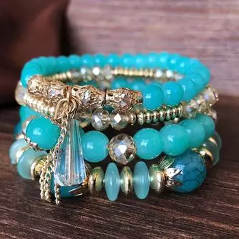 Bohemian Multicolor Crystal Beads Bracelets for Women Girls Boho Ethnic Tassel Elastic Rope Handmde Wrap Bracelet Pulseira Femi