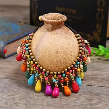 Bohemian Necklace Women s Clavicle Chain Blue and Red Turquoise Tassel Short Collar Anklet Holiday Set