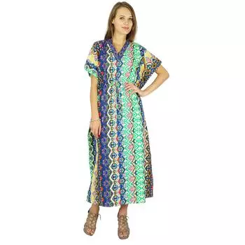 Bohemian Phagun Dress Печатный хлопковый кафтан Макси Ночная одежда Кафтан 10 синий