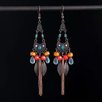 Bohemian retro fringed earrings long vacation versatile fashion personalized earrings metal temperament earrings women