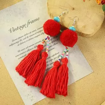 Bohemian retro pom-pom fringed earrings women s vacation long temperament niche personality earrings