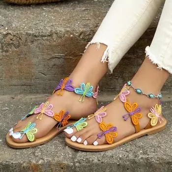 Bohemian sandals 2025 new ethnic style colored flowers butterfly flat bottom European and American large size set toe sandals women 35 коричневый