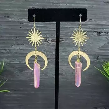Серьги-подвески в стиле бохо, серьги в виде луны и звезды с розовым камнем, небесные украшения, повседневные украшения для свиданий, женские подарки