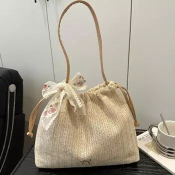 Bohemian Style Grass Knitted Tote Bag Elegant Beach Shoulder Bag Trendy Straw Woven Bag Shopping