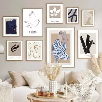 Bohemian Style Wall Art Print, Abstract Lines, Geometry Leaves, Dove Canvas, Nordic Poster, Wall Pictures, Living Room Decoratio 21x30cm No Framed