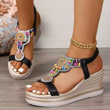 Bohemian Style Wedge Heel Sandals Women Summer 2025 Thick Sole Non Slip Beach Shoes Woman Colorful Bead Chunky Platform Sandals 36 золотой