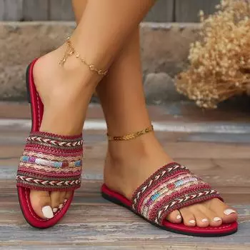 Тапочки в богемном стиле из плетеной ткани для женщин 2024 года, новые модные сандалии на плоской подошве для Европы и Америки, повседневная обувь для отдыха на пляже, легкая 35 чёрный