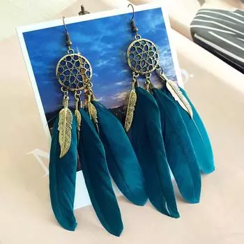 Bohemian vacation wind dream catcher element feather earrings fashion personality elegant fringed long earrings