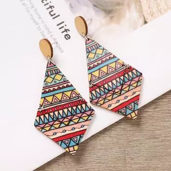 Bohemian wood stud earrings women s niche design rhombus long striped splicing earrings temperament earrings