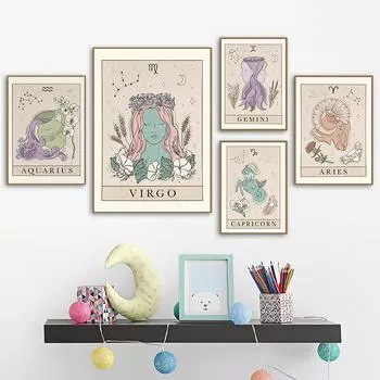 Bohemian Zodiac Art Print Canvas Tarot Cards Inspired Astrology Virgo Aquarius Gemini Witch Poster Pictures Bed Room Wall Decor 21x30cm No Framed