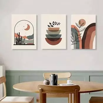 Boho Abstract Geometric GreenLeaves Line Posters Beige Mountain Wall Art Canvas Painting Print Pictures Living Room Decor 21x30cm No Frame