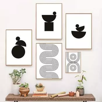 Boho Abstract Geometric Line Black Beige Wall Art Posters Canvas Painting Prints Pictures for Living Room Modern Home Decoration 21x30cm No Framed белый