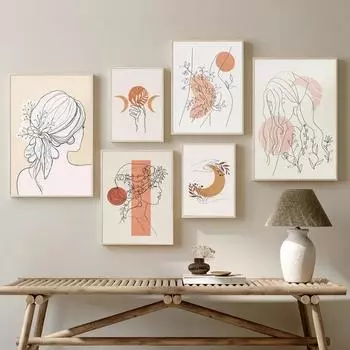 Boho Abstract Wall Art Canvas Painting Sun Moon Flower Line Girl Face Posters And Prints Wall Mural Pictures Living Room Decor 21cm30cm NoFrame