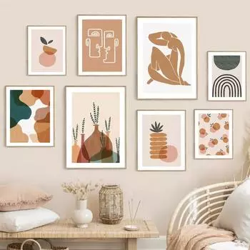 Бохо Абстрактная ваза с растением Обнаженная женщина Линии Оранжевые постеры Печать на холсте Украшение стен Домашние картины для декора гостиной 21x30cm No Framed