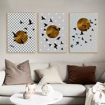 Бохо абстрактные птицы холст картина принт геометрическая волна золото солнце настенные художественные постеры картина для гостиной интерьер домашний декор 21cm30cm NoFrame