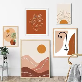 Бохо абстрактный пейзаж скандинавские постеры и принты комплект галерея настенное искусство холст линия лица художественные фотографии декор живопись солнце женщина 21*30cm