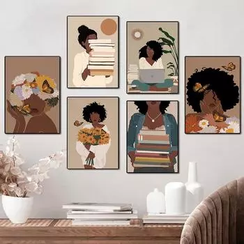 Boho African Black Girl Book Lover Art Abstract Flower Butterfly Canvas Painting Nordic Posters Prints Wall Pictures Home Decor 21x30cm No Framed