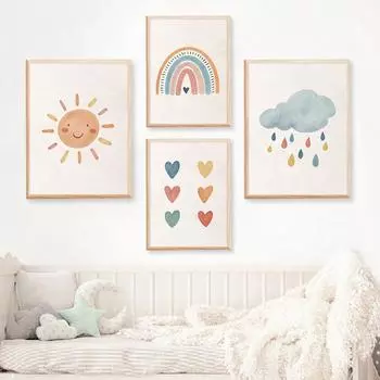 Бохо Акварель Милые Радужные Сердца Солнечный Детская Комната Плакаты Печать Холст Картина Настенные Картины Детская Комната Домашний Декор 21X30cm No Frame