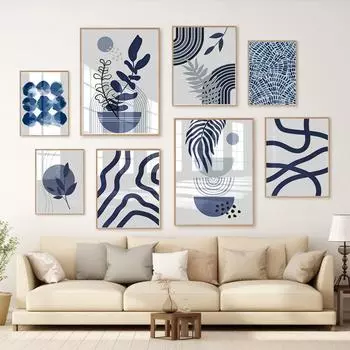 Бохо Аннотация Темно-Синий Солнце Геометрические Линии Листья Растения Плакаты на скандинавскую тему Настенные художественные принты Картина на холсте Гостиная Домашний декор A4 21X30cm No Framed