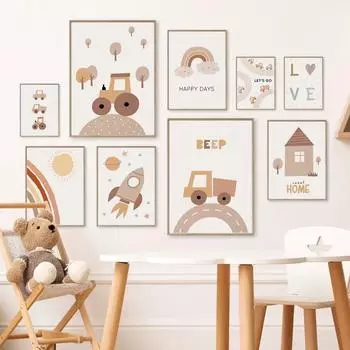 Бохо Автомобиль Солнце Радуга Ракета Детская Настенная Живопись Скандинавские Плакаты Холст Картины И Принты Настенные Картины Декор Детской Комнаты 21x30cm No Framed