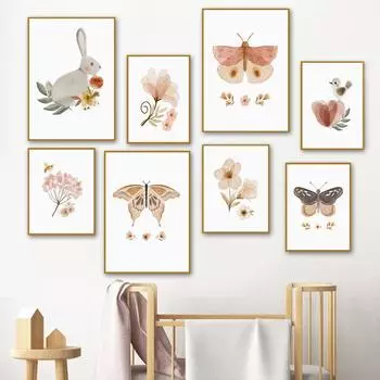 Бохо Бабочка Цветок Кролик Яблоко Гриб Детская Настенная Живопись Холст Картины Постеры и Принты Настенные Картины Декор Детской Комнаты Без Рамки 21*30cm No Frame