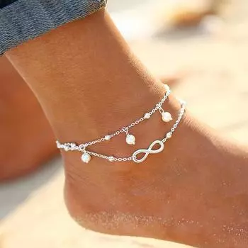 Boho Beach Sandal Barefoot Infinity Charm Bead Браслет на щиколотку 2 слоя золотой