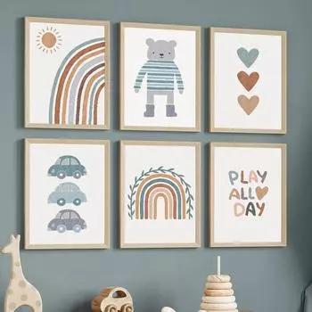 Boho Cartoon Bear Car Rainbow Alphabet Quotes Wall ArtPictures Kids Nordic Posters Room Decor Nursery Canvas Prints Painting 21x30cm No Framed