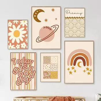 Boho Cartoon Moon Planet Rainbow Daisy Quote Wall Art Nordic PostersCanvas Painting Prints Nursery Pictures For Kids Room Decor 21x30cm No Framed