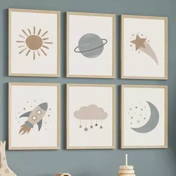 Boho Cartoon Sun Moon Star Rocket Cloud Planet Wall Art Canvas Nursery Pictures Kids Room Decor Nordic Posters Painting Prints 21x30cm No Framed