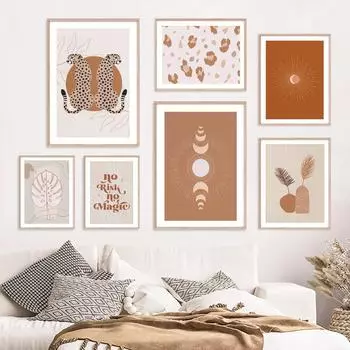 Boho Cheetah Sun Face Line Drawing Palm Leaves Плакаты на скандинавскую тему и принт настенная живопись на холсте настенные картины Декор в гостиную A4 21X30cm No Framed