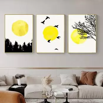 Бохо Деревья Птицы Плакат Холст Картина Абстрактный Пейзаж Принт Желтое Солнце Настенные Художественные Фотографии Для Гостиной Украшения Дома 21cm30cm NoFrame