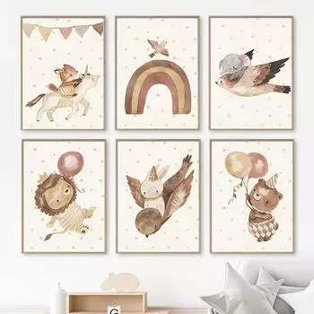 Бохо детская Радуга Лев Медведь Лиса Кролик Слон плакат скандинавский настенный художественный принт холст картины фотографии декор для детской комнаты 21x30cm No Framed