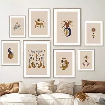 Бохо Девушки Тигр Солнце Луна Птица Настенная картина на холсте Плакаты на скандинавскую тему и принты Абстрактные настенные панно для декора гостиной 21cm30cm NoFrame