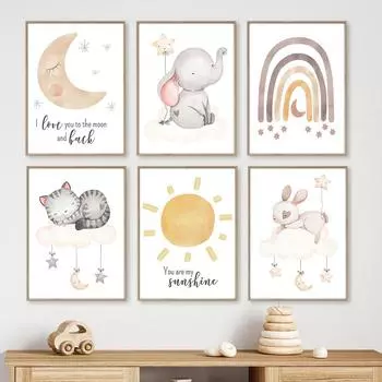 Boho Elephant Rabbit Cat Rainbow Moon Clouds Sun Nursery Poster Nordic Wall Art Print Canvas Painting Pictures Baby Room Decor 21x30cm No Framed