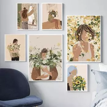Бохо-феминистка с цветком, любовь к себе, настенная живопись на холсте, скандинавское абстрактное лицо девушки, плакат, принты для декора гостиной 21x30cm No Framed