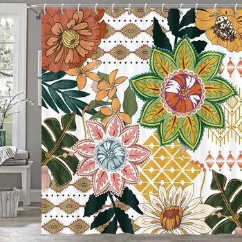 Boho Floral Shower Curtain for Bathroom, Abstract Mid Century Morden Bohemian Decor Bath Curtains, Botanical Flowers Tropical Le 90x180cm