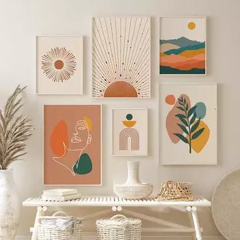 Boho Gallery Wall Prints Abstract Mountain Sun Line Face Картина на холсте Nordic Mountain Poster Pictures For Living Room Decor 21x30cm No Framed