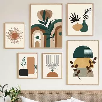 Бохо Геометрические фигуры Листья Солнце Постеры и принты Холст Картина Скандинавские абстрактные настенные картины Гостиная Домашний декор 21X30cm No Frame