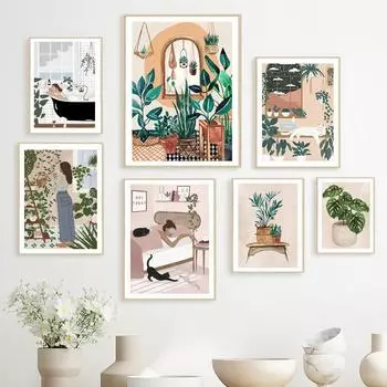 Boho Girl s Life Cat Monstera Растения Абстрактная скандинавская настенная живопись на холсте Плакаты и принты Картинки для декора гостиной 21*30cm