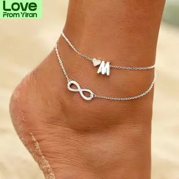 Boho Initial Ankle Bracelet Heart Infinity Silver Color Loop Bracelet On Leg Chain 26 Letter Ankle Bracelets For Women Loop Beach Foot Jewelry