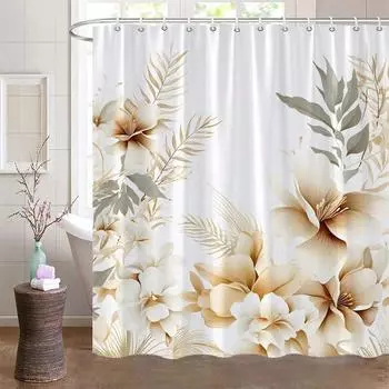 Boho Leaves Shower Curtain Tan Leaf with Floral Decorative Bath Curtain Polyester Fabric Waterproof Bathroom Curtain With Hooks 90x180cm35x71in