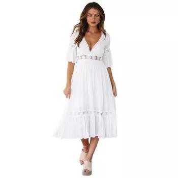 Бохо Летнее Платье с V-образным вырезом и летящей юбкой для женщин, Цветочное кружево, оборки, А-силуэт, Повседневное платье с рукавами-колокольчиками, Пляжный сарафан для отпуска S